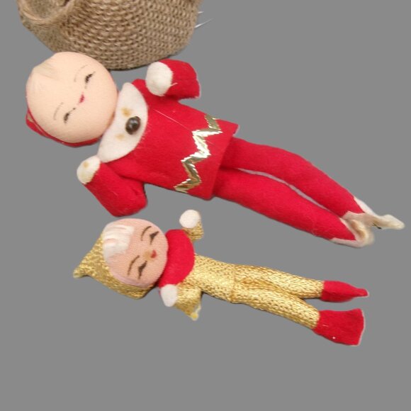 2 Vintage Pixie Elf Christmas Ornaments, Poseable Sitters, Red and Gold Lame - Picture 5 of 7